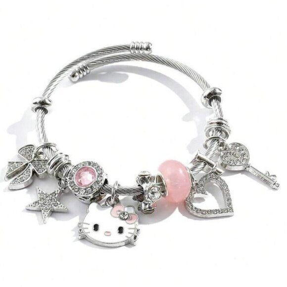 Hello Kitty Charm Bracelet Pink & Silver Tone Crystals & Stainless Steel Bangle - Picture 3 of 4